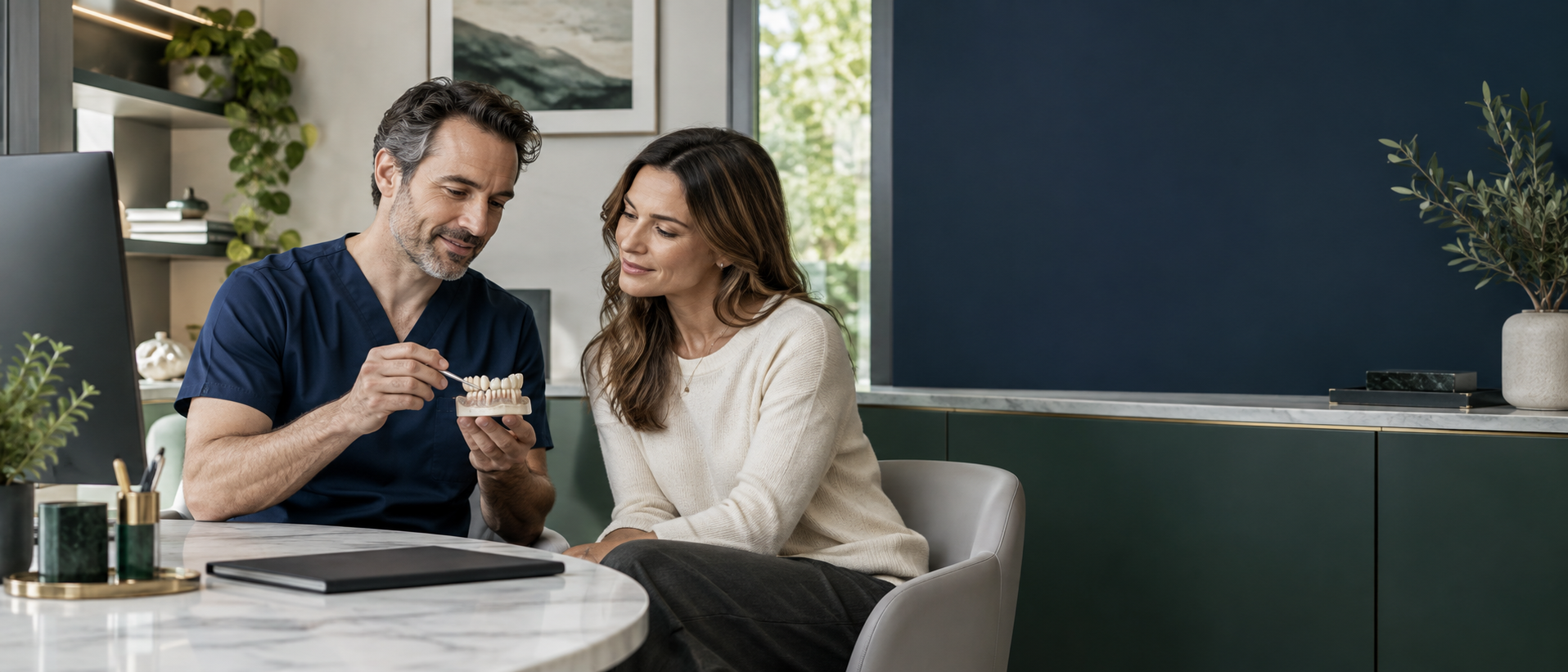 An adult patient reviewing a dental model with a dental professional